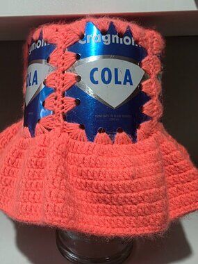 Upcycled Crochet Cragmont Cola Hat, Neon Coral Festival Bucket, OOAK.
